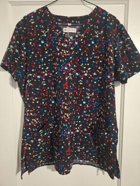 White Cross Black Short-Sleeve Scrub Top with Colorful Confetti Dot Print